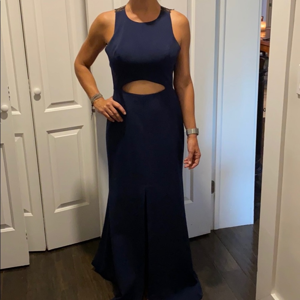 BCBG MaxAzria blue and black lace evening dress